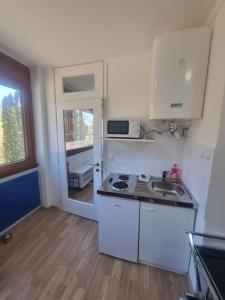 a small kitchen with a sink and a microwave at Rax-Basecamp 24 in Reichenau