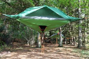 a green tent in the middle of a forest at Übernachtung im Baumzelt in Winterbach