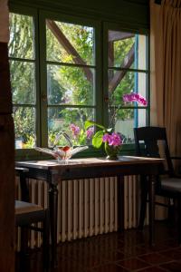 a table with flowers on it in front of a window at Domaine Du Tafiart in Sarron