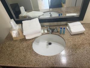 a bathroom sink with towels and a mirror at APM Inn & Suite in Jacksonville