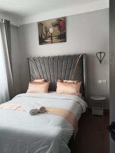a bedroom with a large bed with pink pillows at Sabaki's Homely One bedroom Apartment - Near JKIA, Airport in Marimbeti +27 photos