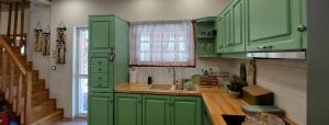 a kitchen with green cabinets and a sink at Gravanis Resort in Sikáminon