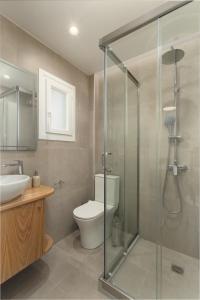 a bathroom with a shower and a toilet and a sink at Apanemo Seaside in Batsi +20 photos