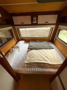 a small room with a bed and two windows at Campingwohnung am Silbersee in Freiburg in Freiburg im Breisgau