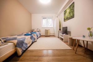a bedroom with two beds and a table and a tv at Tarján Gyöngye in Salgótarján