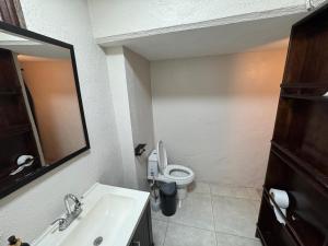 a bathroom with a sink and a toilet and a mirror at Leveli Coliving & Hostel Oaxaca in Oaxaca City +37 photos