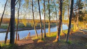 a painting of a river with a bench and trees at Beaver Creek Hideaway in Kenai