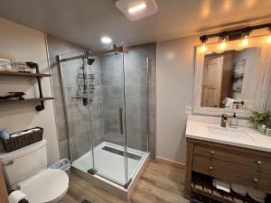 a bathroom with a shower and a toilet and a sink at Catch'em AK - Salmon Cove in Soldotna