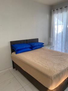 a bedroom with a bed with blue pillows and a window at Studio sattwa 2 in Prudentópolis