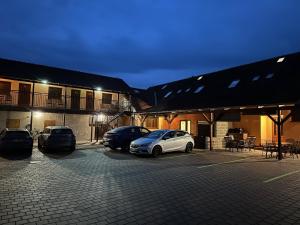 three cars parked in a parking lot in front of a building at Penzion Trödler in Brod nad Dyjí +40 photos