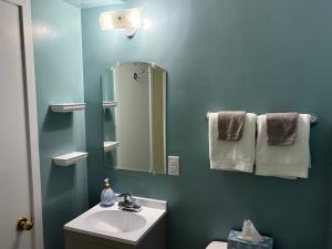 a blue bathroom with a sink and a mirror at The Gateway Suite in Fortune +29 photos