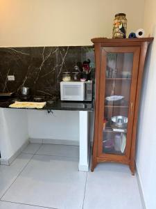 a kitchen with a counter with a microwave and a cabinet at Pousada brandt Ap 3 in Campo Grande