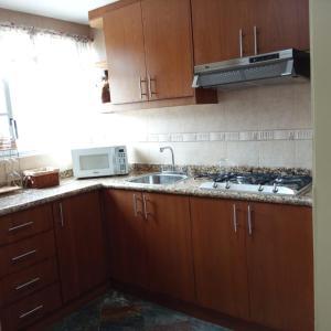 a kitchen with a sink and a microwave at Hotel Raices in Ambato +9 photos