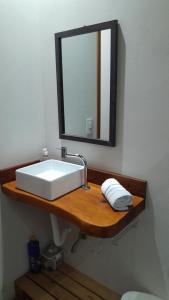 a bathroom sink with a mirror on a wooden shelf at Chalé aconchego sfx in São José dos Campos