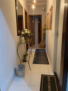 a hallway with rugs and a table with a mirror at chick nina in Barra do Garças
