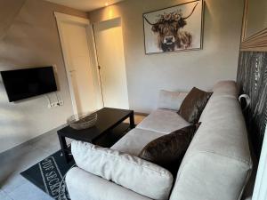 a living room with a couch and a tv at Au Coin des Sources B&B Sart-lez-Spa in Sart-lez-Spa