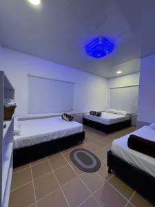 a room with two beds and a blue light at Finca San José, Los Naranjos Santa Marta in Santa Marta +16 photos