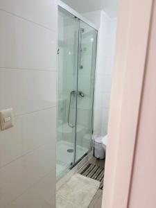 a glass shower in a bathroom with a toilet at Departamento Temuco Centro in Temuco +8 photos