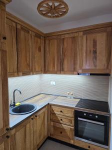 a kitchen with wooden cabinets and a sink at Arija Luxury Suite in Kolašin
