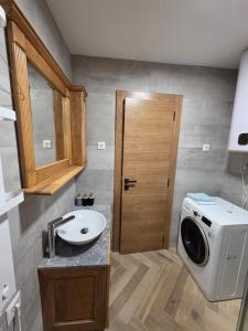 a bathroom with a sink and a washing machine at Arija Luxury Suite in Kolašin +3 photos