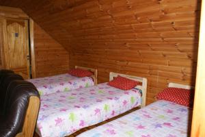 Habitación con 2 camas en una cabaña de madera en Lielie Kupri, en Lautere