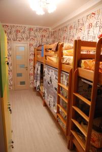 Zimmer mit 2 Etagenbetten und Tapeten an der Wand in der Unterkunft Green Apple Hostel in Kiew