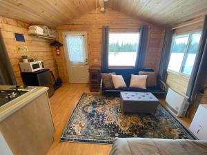 a living room with a couch and a rug at Rustic Moose Cabin at Moose Tracks Lodging in Kenai