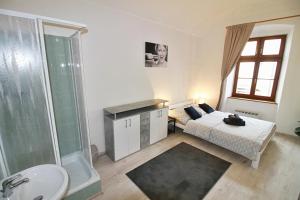 a bathroom with a bed and a shower and a sink at Lacná izba v centre in Banská Bystrica +4 photos