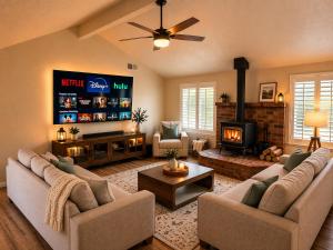 a living room with two couches and a tv at Spacious Ranch Retreat Near Yosemite & Bass Lake with Hot Tub & Game Room in Oakhurst