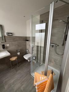 a bathroom with a shower and a toilet and a sink at Hotel Waldperle in Göhren +154 photos