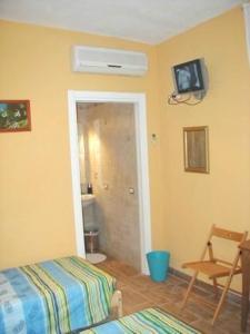 a room with a bedroom with a bed and a tv on the wall at La Papaya in Marina di Pisa