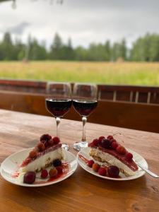two glasses of wine and two pieces of cake on a table at Cabana Duma la munte cu ciubar in Dealu Negru