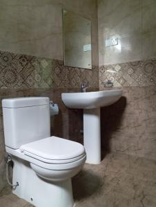 a bathroom with a toilet and a sink at Leon Hilltop Resort in Kitulgala