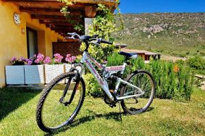 a bike parked in the grass next to a house at Li Teggi Turismo Rurale in San Teodoro
