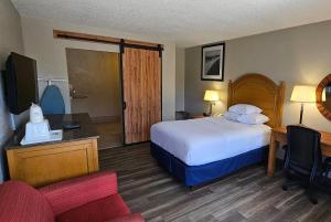 a hotel room with a bed and a desk and a chair at Days Inn by Wyndham Orlando Downtown in Orlando +47 photos
