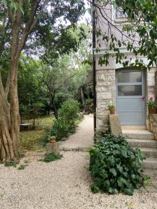 a house with a blue door and some plants at Garden Rovinj in Rovinj