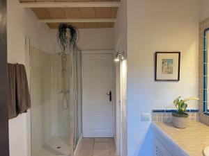 a bathroom with a walk in shower and a glass door at Balearic Sunset Apartment in Santa Gertrudis de Fruitera