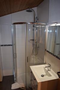 a bathroom with a shower and a sink at Quartier132 - Das All-Inklusive Ferienhaus in Öfingen
