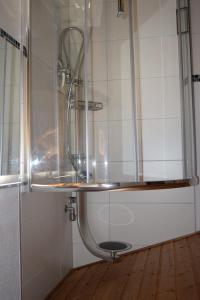 a shower in a bathroom with a sink at Quartier132 - Das All-Inklusive Ferienhaus in Öfingen