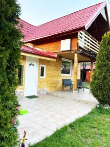 a house with a red roof and a patio at AMA Bliss Nature & Cozy Cabin in Avrig