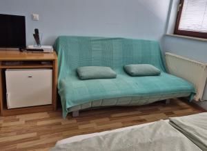 a green couch with two pillows in a room at Modrina in Kobarid