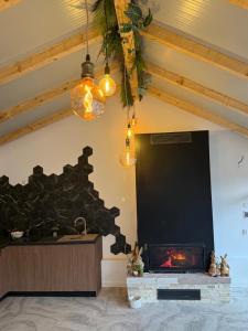 a living room with a fireplace and a tv at La Păstrăvărie in Mehadia