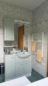 a bathroom with a sink and a mirror at Bungalow am Nussbaum in Olbersdorf +13 photos