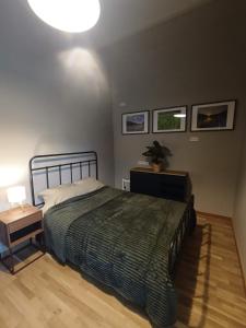 a bedroom with a bed with a green comforter at Robezu apartments 14 in Riga