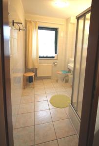 a bathroom with a shower and a toilet and a window at Deichkoje 06 in Prerow