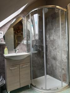 a bathroom with a shower and a sink at Boróka-ház Mohács in Mohács +15 photos