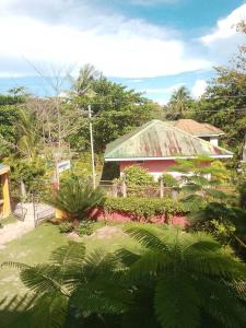 a red house with a green roof and some plants at Hidden Valley Guest House in Malapascua Island