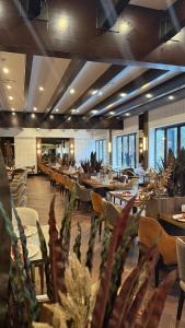 a restaurant with tables and chairs and plants at Hotel Rivo Timisoara in Timişoara