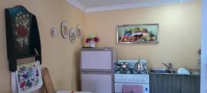 a kitchen with a white refrigerator and a stove at Blue Flower Cottage in Lightning Ridge +14 photos