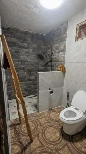 a bathroom with a toilet and a stone wall at Sandy Beach Villas in Toyapakeh